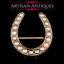 Load image into Gallery viewer, Antique Victorian 14ct Gold Horseshoe Pearl Brooch/Pin - c.1860