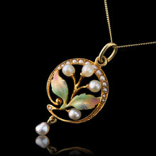 Load image into Gallery viewer, Antique Edwardian Pearl & Enamel Pendant Necklace 15ct Gold Art Nouveau Floral/Leaf Design - c.1910