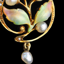 Load image into Gallery viewer, Antique Edwardian Pearl & Enamel Pendant Necklace 15ct Gold Art Nouveau Floral/Leaf Design - c.1910
