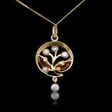 Load image into Gallery viewer, Antique Edwardian Pearl & Enamel Pendant Necklace 15ct Gold Art Nouveau Floral/Leaf Design - c.1910