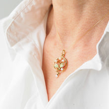 Load image into Gallery viewer, Antique Edwardian Pearl & Enamel Pendant Necklace 15ct Gold Art Nouveau Floral/Leaf Design - c.1910
