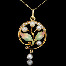 Load image into Gallery viewer, Antique Edwardian Pearl & Enamel Pendant Necklace 15ct Gold Art Nouveau Floral/Leaf Design - c.1910