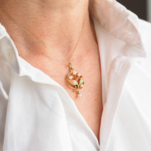 Load image into Gallery viewer, Antique Edwardian Pearl & Enamel Pendant Necklace 15ct Gold Art Nouveau Floral/Leaf Design - c.1910