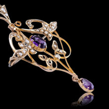 Load image into Gallery viewer, Antique Edwardian Amethyst & Seed Pearl 9ct Gold Art Nouveau Pendant Necklace - c.1905