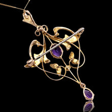 Load image into Gallery viewer, Antique Edwardian Amethyst & Seed Pearl 9ct Gold Art Nouveau Pendant Necklace - c.1905