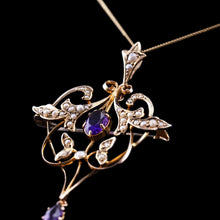 Load image into Gallery viewer, Antique Edwardian Amethyst & Seed Pearl 9ct Gold Art Nouveau Pendant Necklace - c.1905