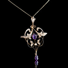 Load image into Gallery viewer, Antique Edwardian Amethyst & Seed Pearl 9ct Gold Art Nouveau Pendant Necklace - c.1905