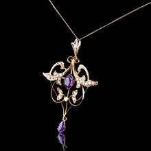 Load image into Gallery viewer, Antique Edwardian Amethyst & Seed Pearl 9ct Gold Art Nouveau Pendant Necklace - c.1905