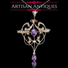 Load image into Gallery viewer, Antique Edwardian Amethyst & Seed Pearl 9ct Gold Art Nouveau Pendant Necklace - c.1905