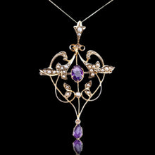 Load image into Gallery viewer, Antique Edwardian Amethyst & Seed Pearl 9ct Gold Art Nouveau Pendant Necklace - c.1905