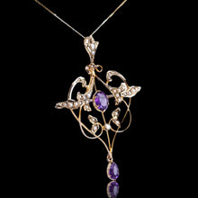 Load image into Gallery viewer, Antique Edwardian Amethyst & Seed Pearl 9ct Gold Art Nouveau Pendant Necklace - c.1905