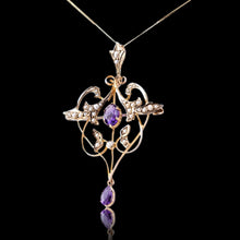 Load image into Gallery viewer, Antique Edwardian Amethyst & Seed Pearl 9ct Gold Art Nouveau Pendant Necklace - c.1905