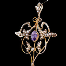 Load image into Gallery viewer, Antique Edwardian Amethyst & Seed Pearl 9ct Gold Art Nouveau Pendant Necklace - c.1905