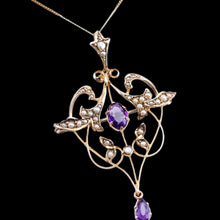 Load image into Gallery viewer, Antique Edwardian Amethyst & Seed Pearl 9ct Gold Art Nouveau Pendant Necklace - c.1905