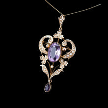 Load image into Gallery viewer, Antique Edwardian Amethyst & Seed Pearl 9ct Gold Pendant Necklace, Art Nouveau Design - c.1910
