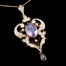 Load image into Gallery viewer, Antique Edwardian Amethyst & Seed Pearl 9ct Gold Pendant Necklace, Art Nouveau Design - c.1910