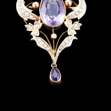 Load image into Gallery viewer, Antique Edwardian Amethyst & Seed Pearl 9ct Gold Pendant Necklace, Art Nouveau Design - c.1910
