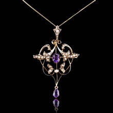 Load image into Gallery viewer, Antique Edwardian Amethyst & Seed Pearl 9ct Gold Art Nouveau Pendant Necklace - c.1905