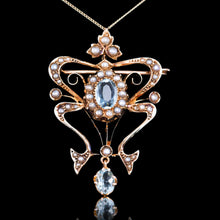 Load image into Gallery viewer, Antique Art Nouveau Aquamarine & Pearl Pendant Necklace/Brooch Lavalier 9ct Gold - Edwardian c.1910