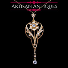 Load image into Gallery viewer, Antique Aquamarine Pendant Necklace with Seed Pearls 9ct Gold Art Nouveau Design - Edwardian c.1905