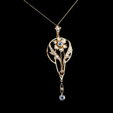Load image into Gallery viewer, Antique Aquamarine Pendant Necklace with Seed Pearls 9ct Gold Art Nouveau Design - Edwardian c.1905