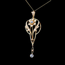 Load image into Gallery viewer, Antique Aquamarine Pendant Necklace with Seed Pearls 9ct Gold Art Nouveau Design - Edwardian c.1905