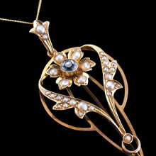 Load image into Gallery viewer, Antique Aquamarine Pendant Necklace with Seed Pearls 9ct Gold Art Nouveau Design - Edwardian c.1905