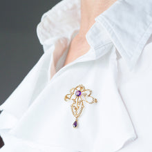 Load image into Gallery viewer, Antique Edwardian Amethyst & Seed Pearl 15ct Gold Pendant Necklace Art Nouveau 'Fan' Design - c.1905