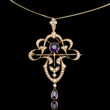 Load image into Gallery viewer, Antique Edwardian Amethyst & Seed Pearl 15ct Gold Pendant Necklace Art Nouveau 'Fan' Design - c.1905