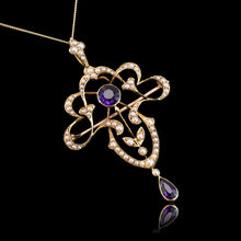 Load image into Gallery viewer, Antique Edwardian Amethyst & Seed Pearl 15ct Gold Pendant Necklace Art Nouveau 'Fan' Design - c.1905