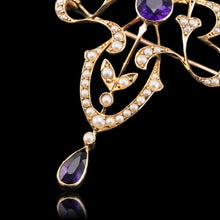 Load image into Gallery viewer, Antique Edwardian Amethyst & Seed Pearl 15ct Gold Pendant Necklace Art Nouveau 'Fan' Design - c.1905