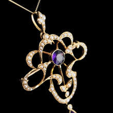 Load image into Gallery viewer, Antique Edwardian Amethyst & Seed Pearl 15ct Gold Pendant Necklace Art Nouveau 'Fan' Design - c.1905