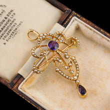 Load image into Gallery viewer, Antique Edwardian Amethyst & Seed Pearl 15ct Gold Pendant Necklace Art Nouveau 'Fan' Design - c.1905