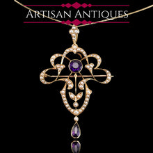 Load image into Gallery viewer, Antique Edwardian Amethyst & Seed Pearl 15ct Gold Pendant Necklace Art Nouveau 'Fan' Design - c.1905