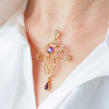Load image into Gallery viewer, Antique Edwardian Amethyst & Seed Pearl 15ct Gold Pendant Necklace Art Nouveau 'Fan' Design - c.1905