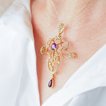 Load image into Gallery viewer, Antique Edwardian Amethyst & Seed Pearl 15ct Gold Pendant Necklace Art Nouveau 'Fan' Design - c.1905