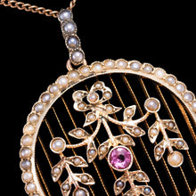 Load image into Gallery viewer, Antique Edwardian Belle Epoque Pearl & Pink Tourmaline Pendant Necklace 9ct Gold - c.1910