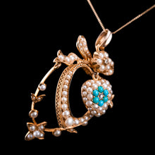 Load image into Gallery viewer, Antique Edwardian 15ct Gold Turquoise, Diamond & Seed Pearl Pendant Necklace - c.1910