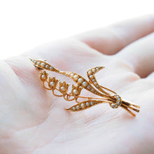 Load image into Gallery viewer, Antique Edwardian Floral Brooch 15ct Gold Seed Pearl Lily of the Valley Design - c.1910