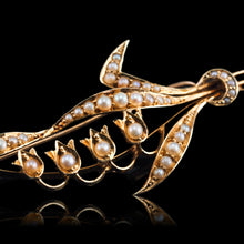 Load image into Gallery viewer, Antique Edwardian Floral Brooch 15ct Gold Seed Pearl Lily of the Valley Design - c.1910