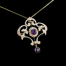 Load image into Gallery viewer, Antique Edwardian 9ct Gold Seed Pearl and Purple Amethyst-Coloured Paste Pendant Necklace - c.1910
