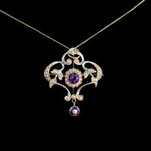 Load image into Gallery viewer, Antique Edwardian 9ct Gold Seed Pearl and Purple Amethyst-Coloured Paste Pendant Necklace - c.1910
