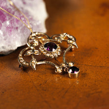 Load image into Gallery viewer, Antique Edwardian 9ct Gold Seed Pearl and Purple Amethyst-Coloured Paste Pendant Necklace - c.1910