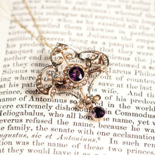Load image into Gallery viewer, Antique Edwardian 9ct Gold Seed Pearl and Purple Amethyst-Coloured Paste Pendant Necklace - c.1910