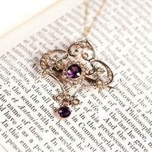 Load image into Gallery viewer, Antique Edwardian 9ct Gold Seed Pearl and Purple Amethyst-Coloured Paste Pendant Necklace - c.1910