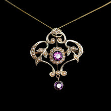 Load image into Gallery viewer, Antique Edwardian 9ct Gold Seed Pearl and Purple Amethyst-Coloured Paste Pendant Necklace - c.1910