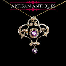 Load image into Gallery viewer, Antique Edwardian 9ct Gold Seed Pearl and Purple Amethyst-Coloured Paste Pendant Necklace - c.1910