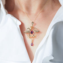 Load image into Gallery viewer, Antique Edwardian Amethyst & Seed Pearl 9ct Gold Art Nouveau Pendant Necklace - c.1905