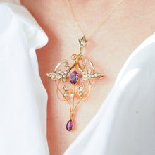 Load image into Gallery viewer, Antique Edwardian Amethyst & Seed Pearl 9ct Gold Art Nouveau Pendant Necklace - c.1905