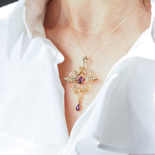 Load image into Gallery viewer, Antique Edwardian Amethyst & Seed Pearl 9ct Gold Art Nouveau Pendant Necklace - c.1905